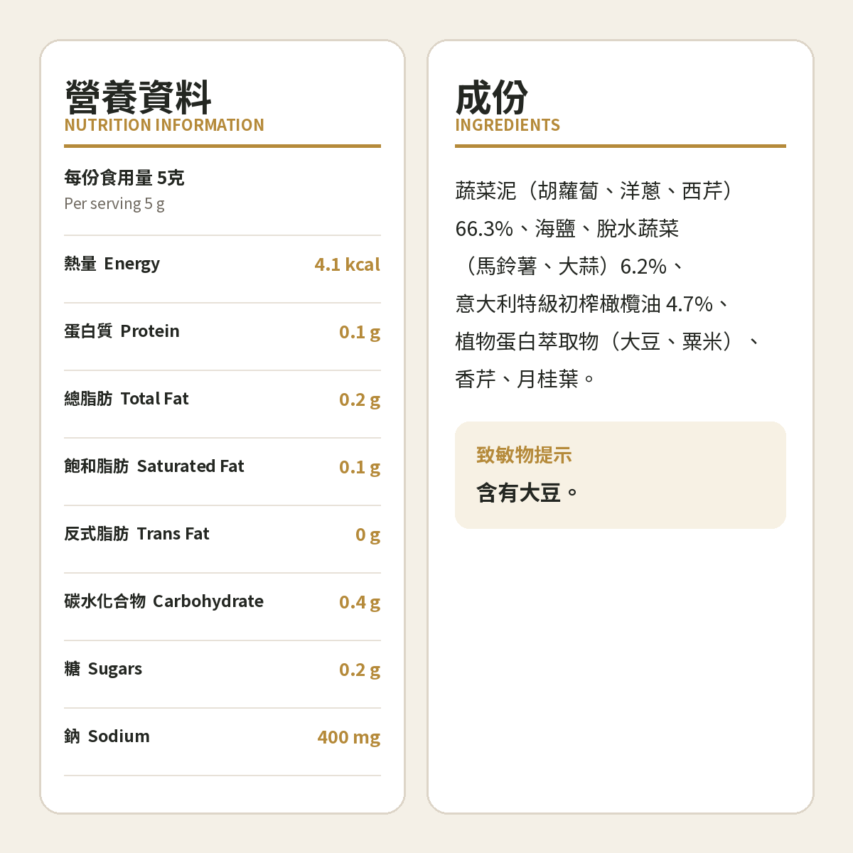 Bauer DadoCrema 雜菜精華濃湯醬成份及營養資料