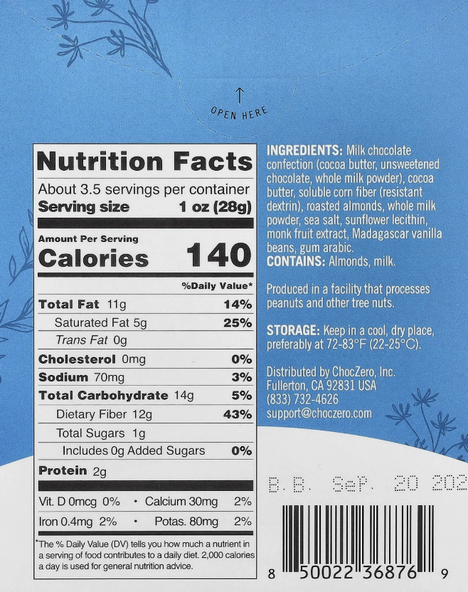 ChocZero, 優質巧克力，雙蘸巴旦木，牛奶太妃糖，3.5 盎司（100 克）