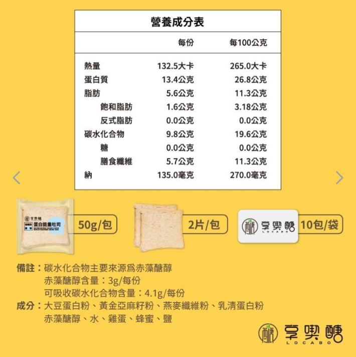 台灣享喫醣-蛋白能量吐司  *食用期29July 2026 *巧克力口味 每包50g±5%( 1包 2 片）生酮低碳方包
