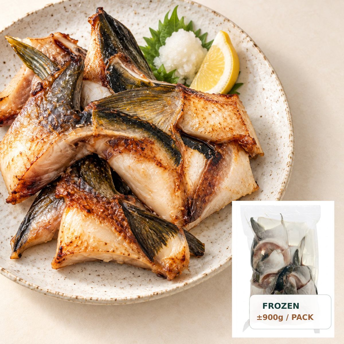 日本油甘魚鮫 ±900g 煎香食用示意圖及真實包裝