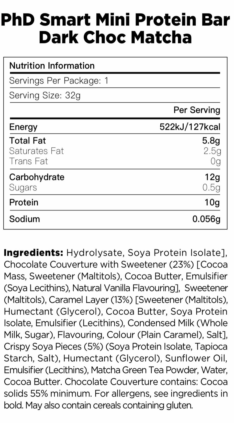 PhD -Smart Bar -黑朱古力抹茶味蛋白棒 32g x1