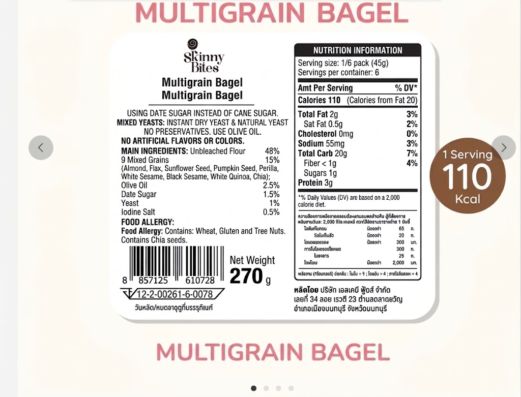 Skinny Bites Multigrain Bagels 配料及營養標籤（原圖）